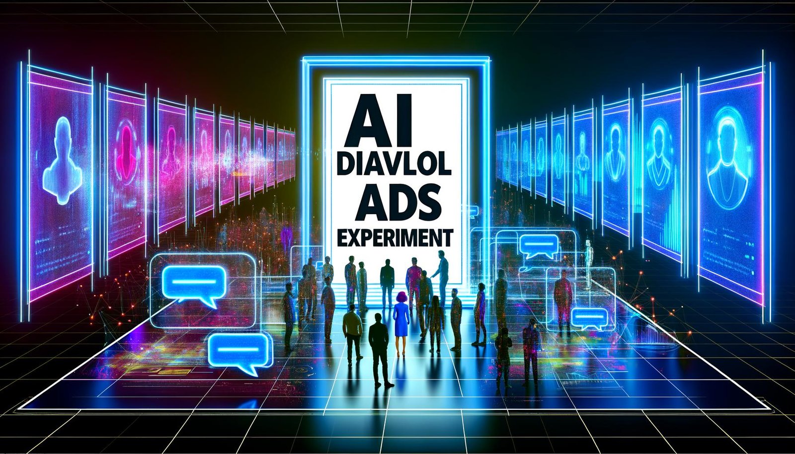 Futuristisches Marketing-Labor mit Transparent 'AI Dialoganzeigen Experiment', digitalen Interfaces und neonfarbenen Datenströmen, im Hintergrund Marketingleute und KI-Visualisierungen.