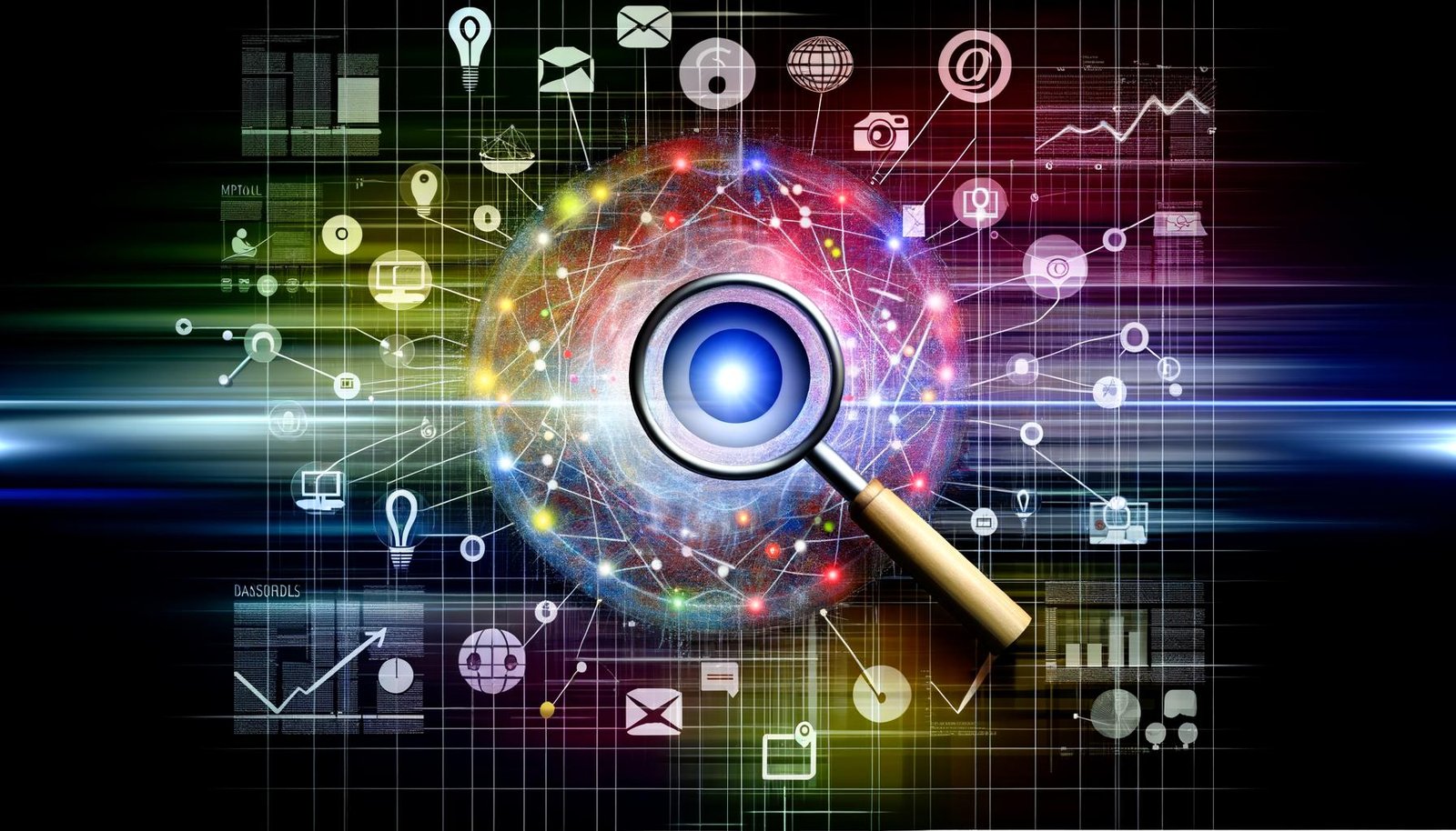 Titelbild mit einer großen Lupe, die eine vernetzte Datenlandschaft aus Marketing-Kanälen, Datenpunkten und modernen Analyse-Charts fokussiert. Im Vordergrund beleuchtet ein transparentes Dashboard das digitale Chaos.