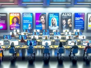Marketer:innen arbeiten an Laptops mit KI-gesteuerten Chatfenstern und Dashboard-Anzeigen, während klassische Bannerwerbung im Hintergrund verblasst.