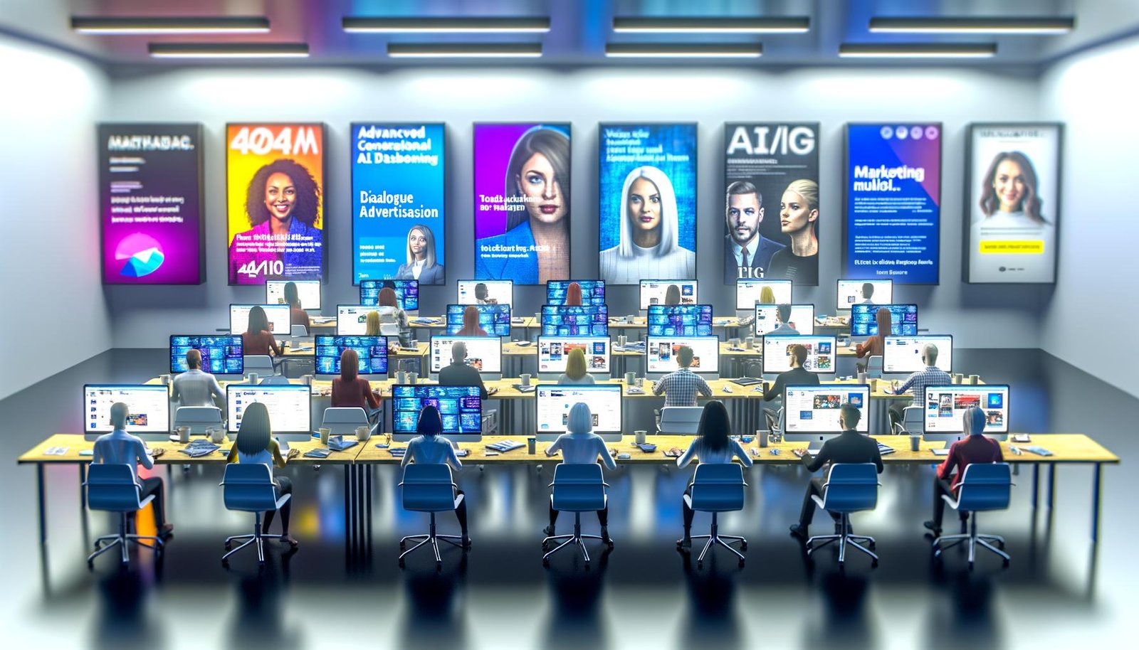 Marketer:innen arbeiten an Laptops mit KI-gesteuerten Chatfenstern und Dashboard-Anzeigen, während klassische Bannerwerbung im Hintergrund verblasst.