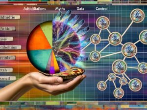 Digitale Collage mit klassischen Marketinggrafiken, Vintage-Werbesymbolen, modernen Datenströmen, zwei Händen mit Pie Chart und Attributionsmodell, Headline: Attribution 2025 – Mythen, Daten, Kontrolle.