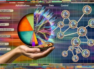 Digitale Collage mit klassischen Marketinggrafiken, Vintage-Werbesymbolen, modernen Datenströmen, zwei Händen mit Pie Chart und Attributionsmodell, Headline: Attribution 2025 – Mythen, Daten, Kontrolle.