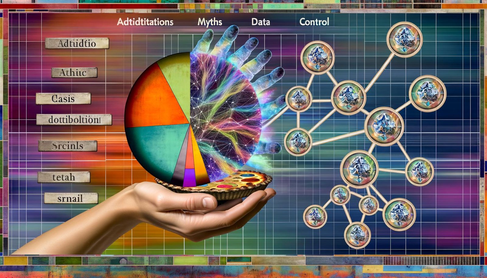 Digitale Collage mit klassischen Marketinggrafiken, Vintage-Werbesymbolen, modernen Datenströmen, zwei Händen mit Pie Chart und Attributionsmodell, Headline: Attribution 2025 – Mythen, Daten, Kontrolle.