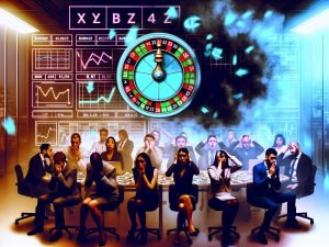 Marketer in dunklem Büro, umgeben von Diagrammen, Haftnotizen und Monitoren, verwirrt durch Datennebel und ein Roulette-Rad anstelle eines Dashboards.