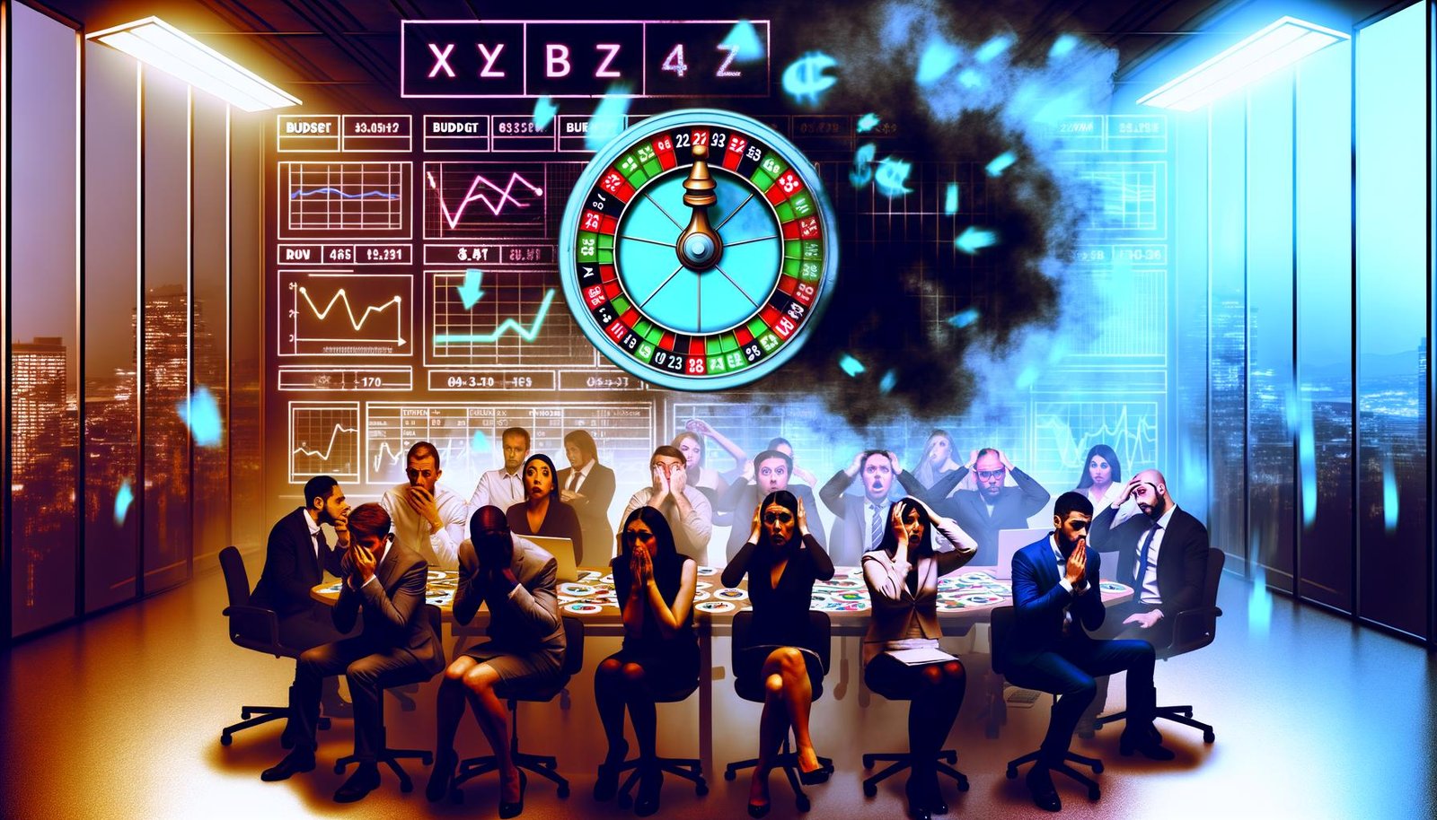 Marketer in dunklem Büro, umgeben von Diagrammen, Haftnotizen und Monitoren, verwirrt durch Datennebel und ein Roulette-Rad anstelle eines Dashboards.