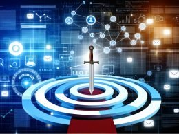 Schwert schwebt über digitalem Labyrinth aus Symbolen mit leuchtenden Interfaces und Statistiken im Hintergrund, kraftvolle Farbkontraste, Thema Blogger Outreach und SEO