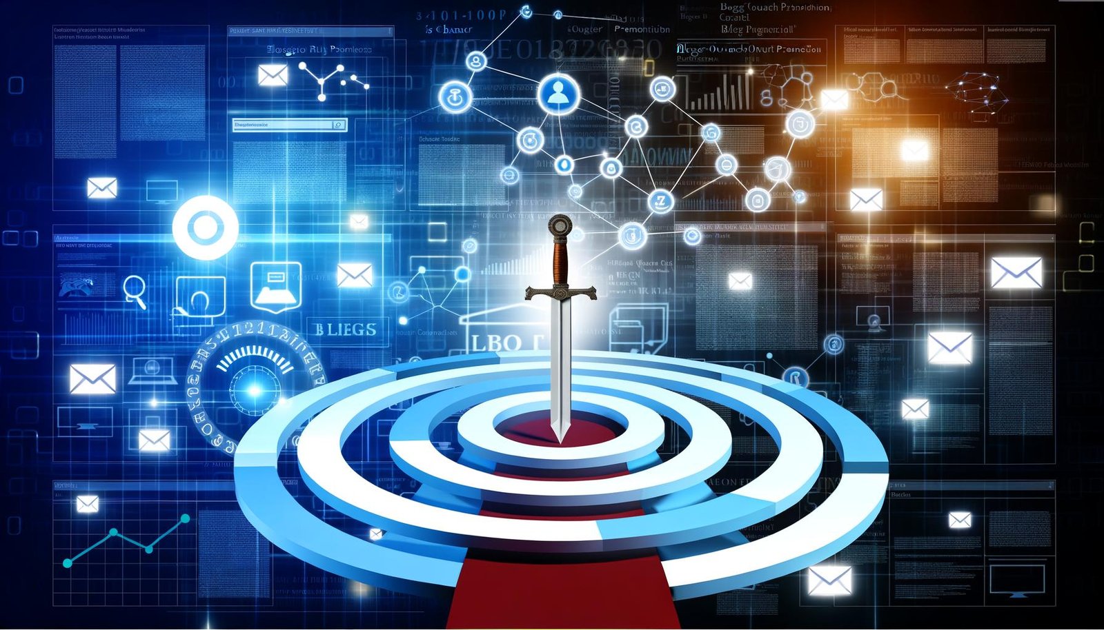 Schwert schwebt über digitalem Labyrinth aus Symbolen mit leuchtenden Interfaces und Statistiken im Hintergrund, kraftvolle Farbkontraste, Thema Blogger Outreach und SEO