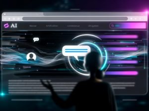 Moderne, futuristische Website im Dark Mode mit transparentem Chat-Dialog zwischen Nutzer und KI, unscharfe Werbebanner im Hintergrund, dezente Neonakzente.