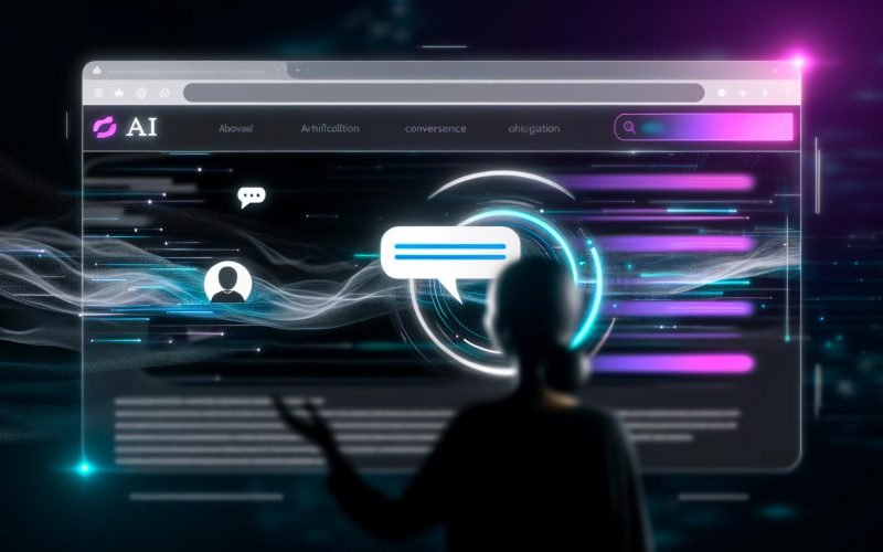 Moderne, futuristische Website im Dark Mode mit transparentem Chat-Dialog zwischen Nutzer und KI, unscharfe Werbebanner im Hintergrund, dezente Neonakzente.