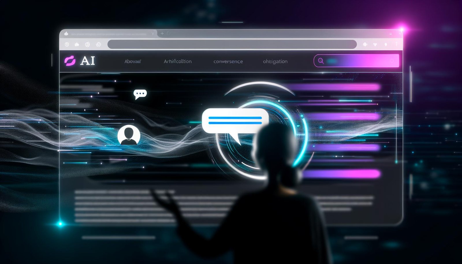 Moderne, futuristische Website im Dark Mode mit transparentem Chat-Dialog zwischen Nutzer und KI, unscharfe Werbebanner im Hintergrund, dezente Neonakzente.