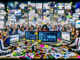 Ein unordentliches Büro mit mehreren Bildschirmen, chaotischen Schreibtischen und einem Team, das angestrengt einen verwirrenden Marketing-Analysebericht betrachtet.