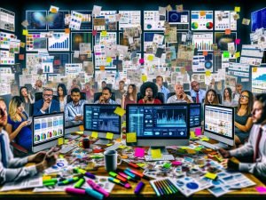 Ein unordentliches Büro mit mehreren Bildschirmen, chaotischen Schreibtischen und einem Team, das angestrengt einen verwirrenden Marketing-Analysebericht betrachtet.