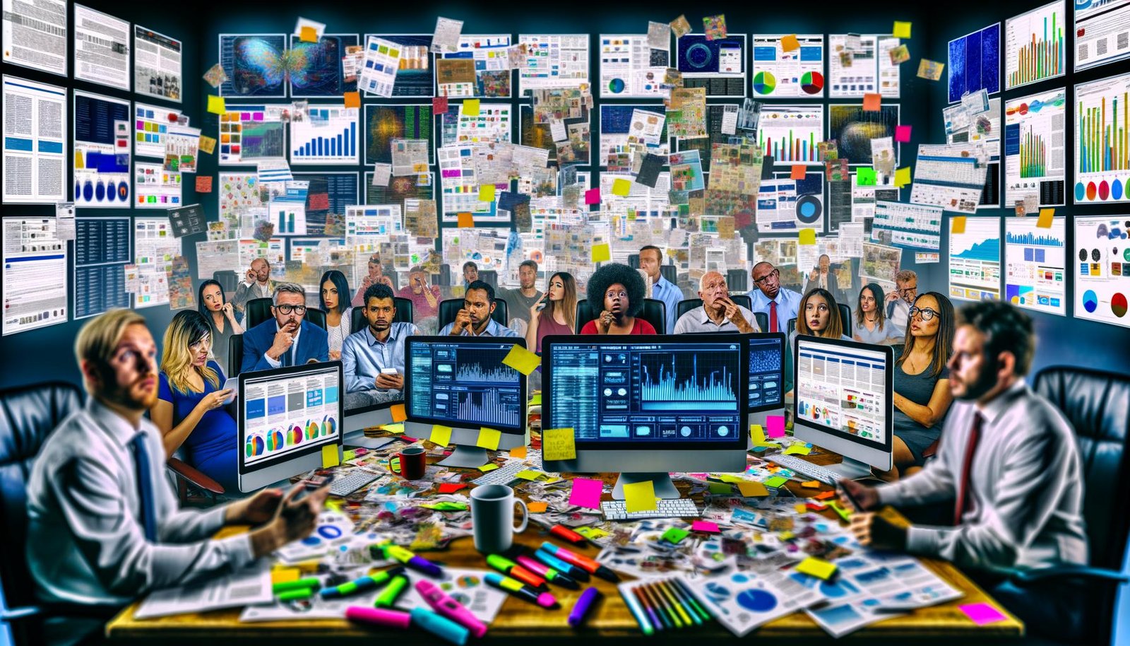 Ein unordentliches Büro mit mehreren Bildschirmen, chaotischen Schreibtischen und einem Team, das angestrengt einen verwirrenden Marketing-Analysebericht betrachtet.