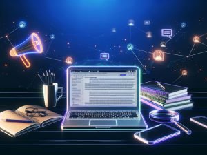Stilvoller Schreibtisch mit Laptop, auf dem SEO-Tools und E-Mails an Blogger geöffnet sind. Umgeben von Notizbüchern, Kaffeetasse und Smartphone, im Hintergrund digitale Symbole für Reichweite und Traffic.