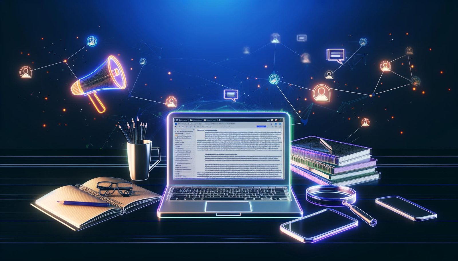 Stilvoller Schreibtisch mit Laptop, auf dem SEO-Tools und E-Mails an Blogger geöffnet sind. Umgeben von Notizbüchern, Kaffeetasse und Smartphone, im Hintergrund digitale Symbole für Reichweite und Traffic.