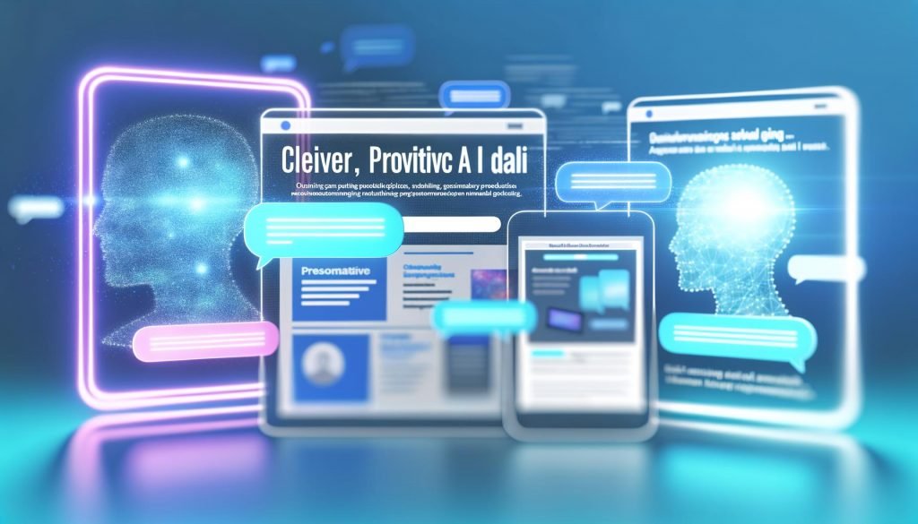 Moderne Website mit schwebenden, halbtransparenten KI-Dialoganzeigen über verschiedenen Geräten, lebendige Chat-Bubbles und Produktempfehlungen im Fokus, alte Chatbots im Hintergrund.