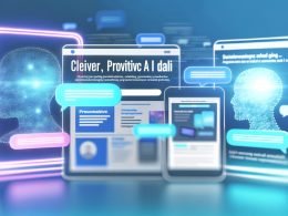 Moderne Website mit schwebenden, halbtransparenten KI-Dialoganzeigen über verschiedenen Geräten, lebendige Chat-Bubbles und Produktempfehlungen im Fokus, alte Chatbots im Hintergrund.