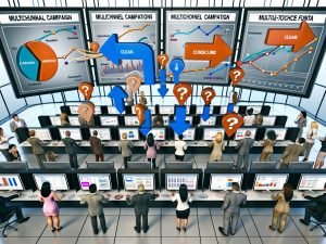 Vielfältige Marketer analysieren chaotische Datenfragmente auf einem digitalen Dashboard im modernen Workspace, um Multichannel-Kampagnen besser zu verstehen.