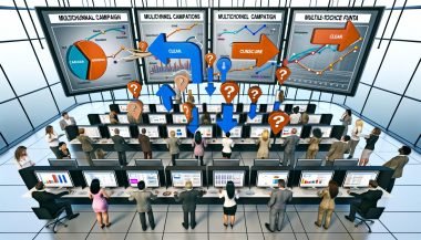Vielfältige Marketer analysieren chaotische Datenfragmente auf einem digitalen Dashboard im modernen Workspace, um Multichannel-Kampagnen besser zu verstehen.