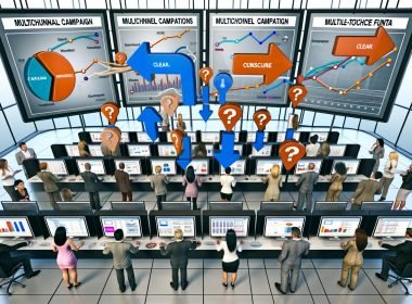 Vielfältige Marketer analysieren chaotische Datenfragmente auf einem digitalen Dashboard im modernen Workspace, um Multichannel-Kampagnen besser zu verstehen.