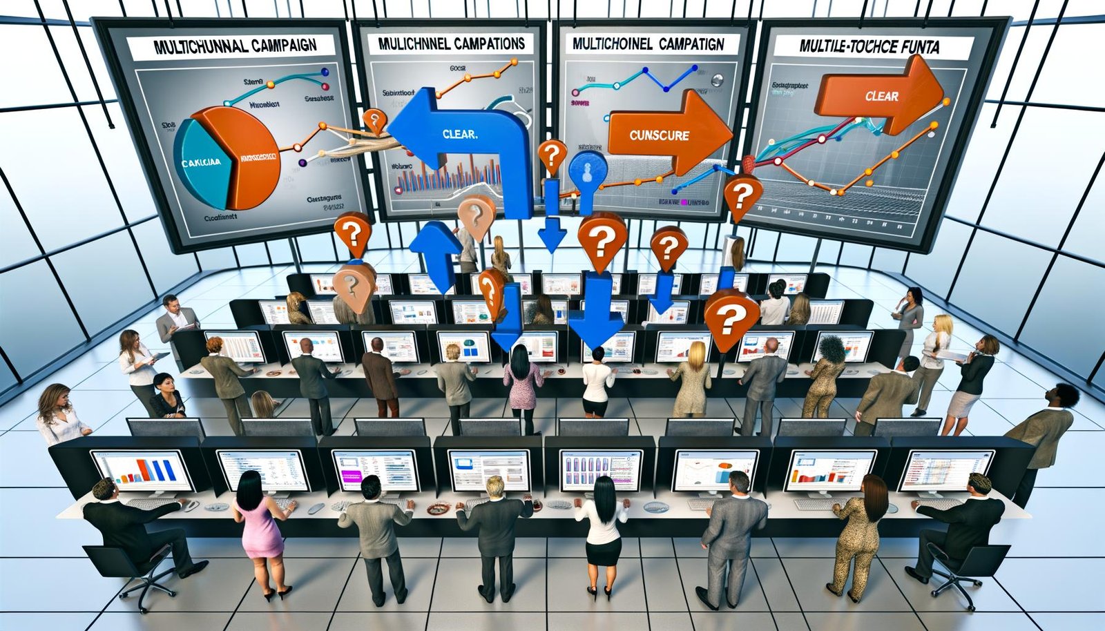 Vielfältige Marketer analysieren chaotische Datenfragmente auf einem digitalen Dashboard im modernen Workspace, um Multichannel-Kampagnen besser zu verstehen.