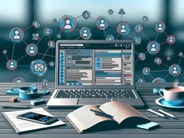 Moderner Schreibtisch mit Laptop und mehreren digitalen Blogger Outreach Tools, dazu Notizen, Smartphone und ein dichtes Netzwerk aus Avataren und Icons im Hintergrund.