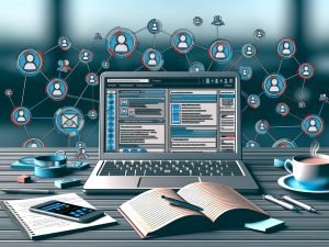 Moderner Schreibtisch mit Laptop und mehreren digitalen Blogger Outreach Tools, dazu Notizen, Smartphone und ein dichtes Netzwerk aus Avataren und Icons im Hintergrund.