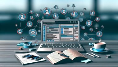 Moderner Schreibtisch mit Laptop und mehreren digitalen Blogger Outreach Tools, dazu Notizen, Smartphone und ein dichtes Netzwerk aus Avataren und Icons im Hintergrund.