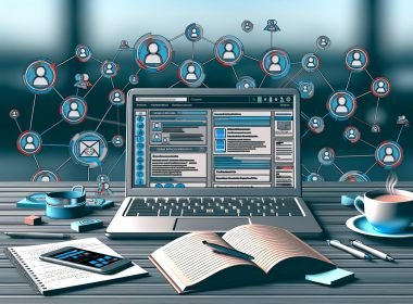 Moderner Schreibtisch mit Laptop und mehreren digitalen Blogger Outreach Tools, dazu Notizen, Smartphone und ein dichtes Netzwerk aus Avataren und Icons im Hintergrund.