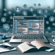 Moderner Schreibtisch mit Laptop und mehreren digitalen Blogger Outreach Tools, dazu Notizen, Smartphone und ein dichtes Netzwerk aus Avataren und Icons im Hintergrund.