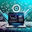 Moderner Laptop mit geöffneten Umsatzdiagrammen und SEO-Tools, umgeben von Conversion-Trichtern, Traffic-Flows und Symbolen für Strategie, Technik und Monetarisierung in kräftigen digitalen Farben.