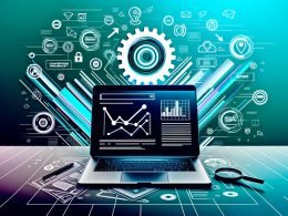 Moderner Laptop mit geöffneten Umsatzdiagrammen und SEO-Tools, umgeben von Conversion-Trichtern, Traffic-Flows und Symbolen für Strategie, Technik und Monetarisierung in kräftigen digitalen Farben.