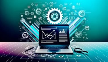 Moderner Laptop mit geöffneten Umsatzdiagrammen und SEO-Tools, umgeben von Conversion-Trichtern, Traffic-Flows und Symbolen für Strategie, Technik und Monetarisierung in kräftigen digitalen Farben.