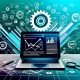 Moderner Laptop mit geöffneten Umsatzdiagrammen und SEO-Tools, umgeben von Conversion-Trichtern, Traffic-Flows und Symbolen für Strategie, Technik und Monetarisierung in kräftigen digitalen Farben.