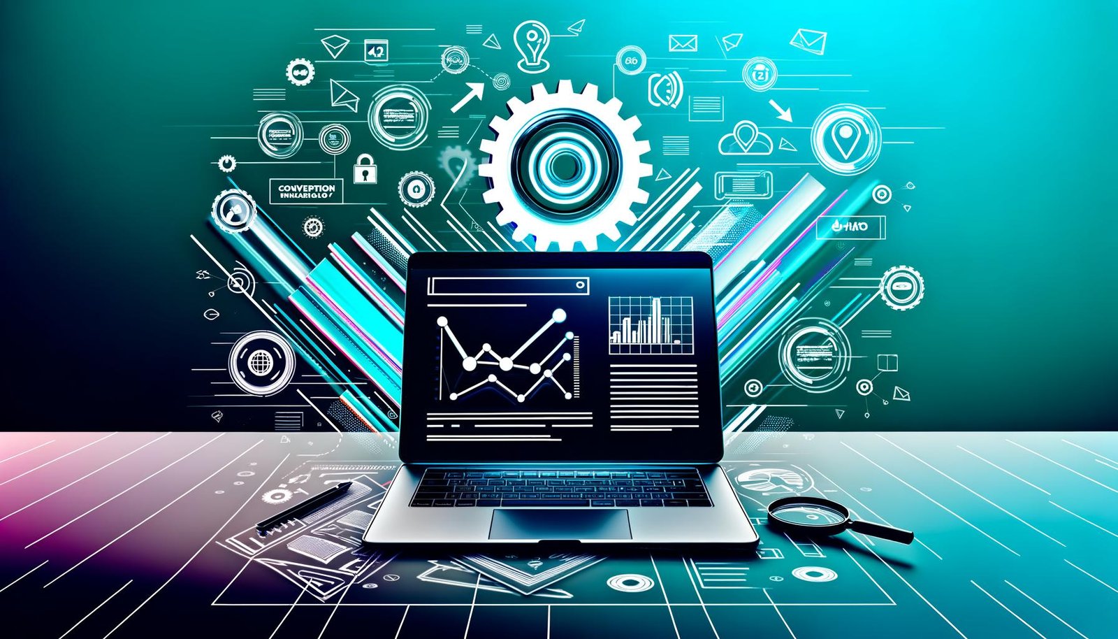 Moderner Laptop mit geöffneten Umsatzdiagrammen und SEO-Tools, umgeben von Conversion-Trichtern, Traffic-Flows und Symbolen für Strategie, Technik und Monetarisierung in kräftigen digitalen Farben.