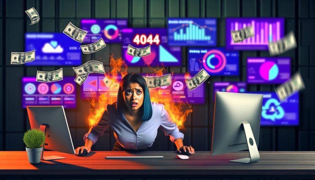 Gestresste Marketingmanagerin vor mehreren Monitoren mit chaotischen Analysedaten, umgeben von leuchtenden digitalen Kanälen und fliegendem Geld, im modernen, kontrastreichen Büro mit 404-Motiv