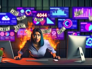 Gestresste Marketingmanagerin vor mehreren Monitoren mit chaotischen Analysedaten, umgeben von leuchtenden digitalen Kanälen und fliegendem Geld, im modernen, kontrastreichen Büro mit 404-Motiv
