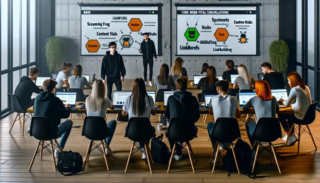 Seminar für Online-Marketing-Profis in modernem Loft mit Trainer und Teilnehmern, die technische SEO-Tools wie Screaming Frog und Ahrefs nutzen und SEO-Themen am Whiteboard behandeln.
