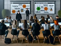 Seminar für Online-Marketing-Profis in modernem Loft mit Trainer und Teilnehmern, die technische SEO-Tools wie Screaming Frog und Ahrefs nutzen und SEO-Themen am Whiteboard behandeln.