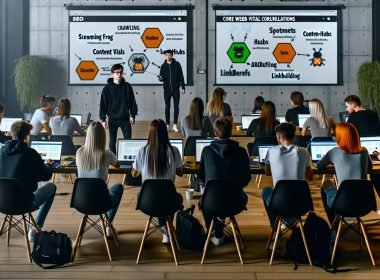 Seminar für Online-Marketing-Profis in modernem Loft mit Trainer und Teilnehmern, die technische SEO-Tools wie Screaming Frog und Ahrefs nutzen und SEO-Themen am Whiteboard behandeln.
