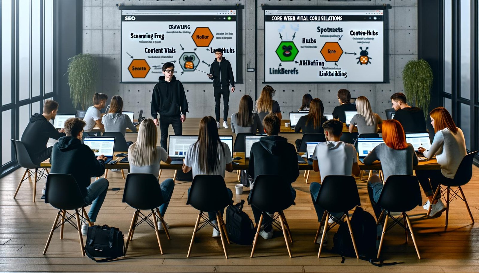 Seminar für Online-Marketing-Profis in modernem Loft mit Trainer und Teilnehmern, die technische SEO-Tools wie Screaming Frog und Ahrefs nutzen und SEO-Themen am Whiteboard behandeln.