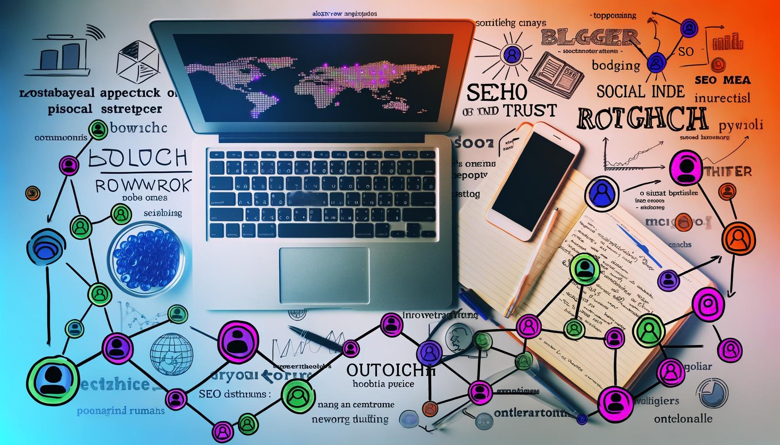 Moderner Schreibtisch aus der Vogelperspektive mit offenem Laptop, Smartphone mit Social Media-Apps, handgeschriebenen Notizen, bunten Infografiken, SEO-Diagrammen und Symbolen für Netzwerkaufbau und Reichweite.