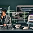 Moderner Arbeitsplatz mit mehreren Monitoren voller SEO-Tools, Conversion-Daten und Vergleichstabellen, davor eine fokussierte Person mit Notizen, umgeben von Marketing-Fachbüchern.