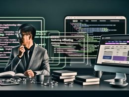 Moderner Arbeitsplatz mit mehreren Monitoren voller SEO-Tools, Conversion-Daten und Vergleichstabellen, davor eine fokussierte Person mit Notizen, umgeben von Marketing-Fachbüchern.