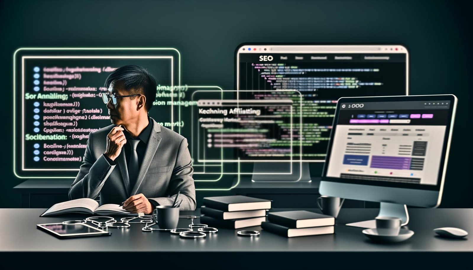 Moderner Arbeitsplatz mit mehreren Monitoren voller SEO-Tools, Conversion-Daten und Vergleichstabellen, davor eine fokussierte Person mit Notizen, umgeben von Marketing-Fachbüchern.