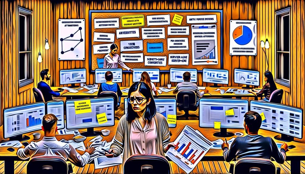 Angespanntes Marketing-Team vor Monitoren mit komplexen Dashboards, Post-its und Whiteboards voller Daten, ein Analyst beleuchtet komplizierte Attributionspfade, im Hintergrund Conversion-Funnels und Notizen zu UTM, Consent und Server-Side.