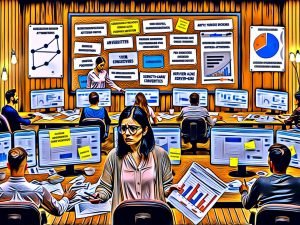 Angespanntes Marketing-Team vor Monitoren mit komplexen Dashboards, Post-its und Whiteboards voller Daten, ein Analyst beleuchtet komplizierte Attributionspfade, im Hintergrund Conversion-Funnels und Notizen zu UTM, Consent und Server-Side.