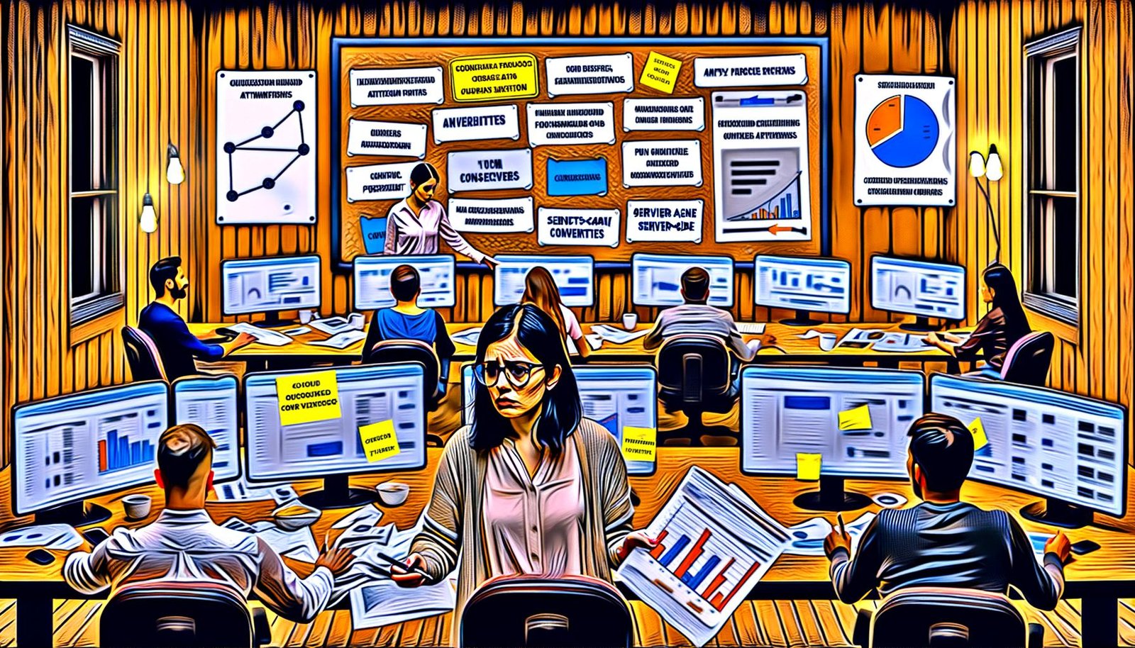 Angespanntes Marketing-Team vor Monitoren mit komplexen Dashboards, Post-its und Whiteboards voller Daten, ein Analyst beleuchtet komplizierte Attributionspfade, im Hintergrund Conversion-Funnels und Notizen zu UTM, Consent und Server-Side.