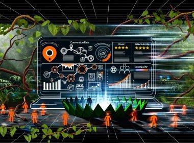 Laptop mit komplexer Amazon-Marktplatz-Oberfläche voller Diagramme und Rankings, umgeben von einem datengesteuerten Dschungel und entschlossenen Figuren, die sich im Kampf um Top-Platzierungen bewegen.