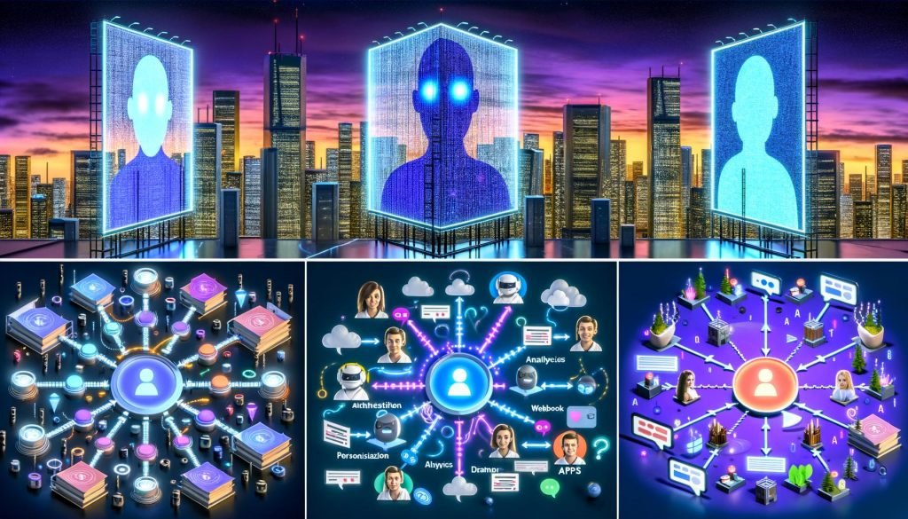 Futuristische Nacht-Metropole mit leuchtenden Chatfenstern, KI-Bots in Hochhausfassaden, innovative Chat-Interfaces, technische Netzwerkinfrastruktur, Personalisierung und moderne Suchmaschinensnippets, abgerundet von Zukunftsvisionen und einem kreativen Team beim Umbruch klassischer Werbung.